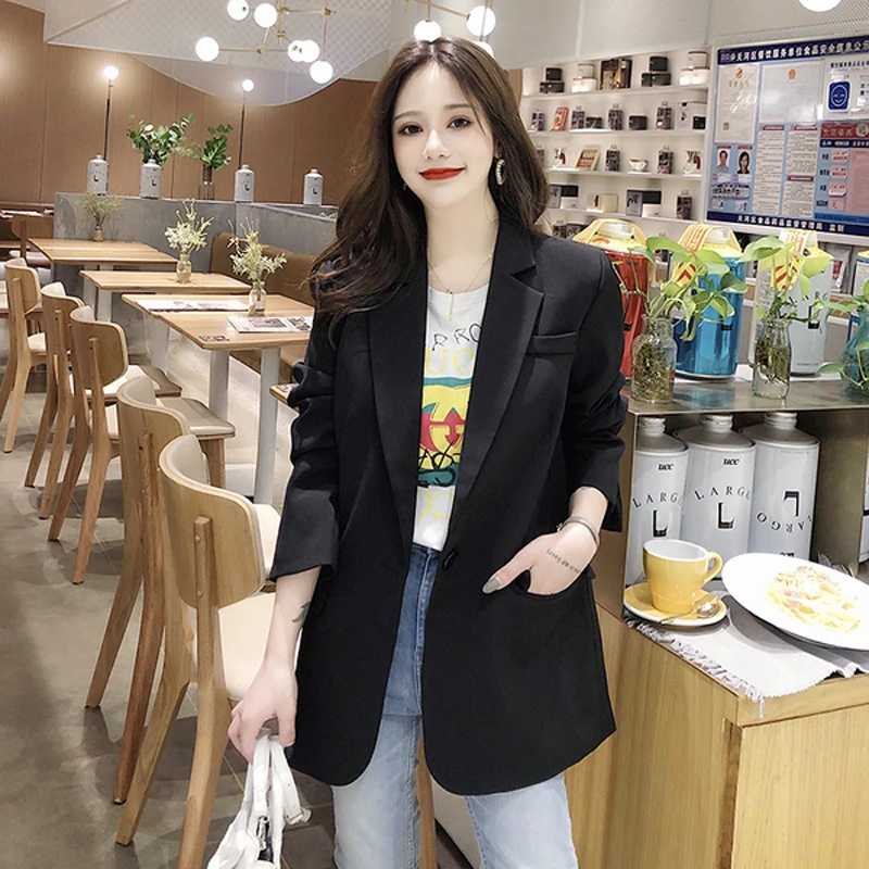 

SHUTONGHUA solid long style black women jacket notched collar single Button ladies coat office lady casual outwear Blazer coat