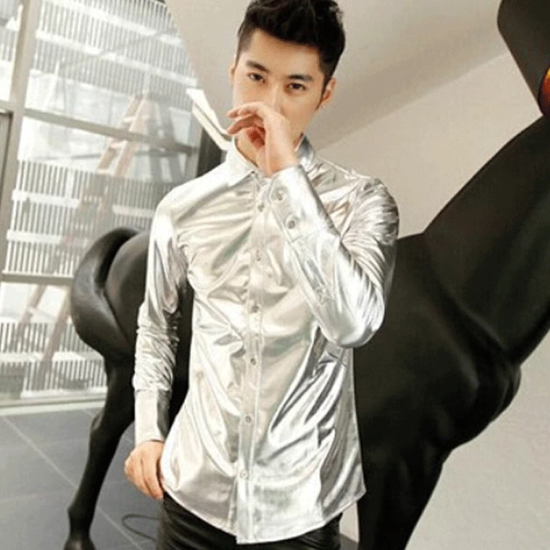 Золотые блестящие кожаные мужские рубашки с длинным рукавом 2020 осень модный и