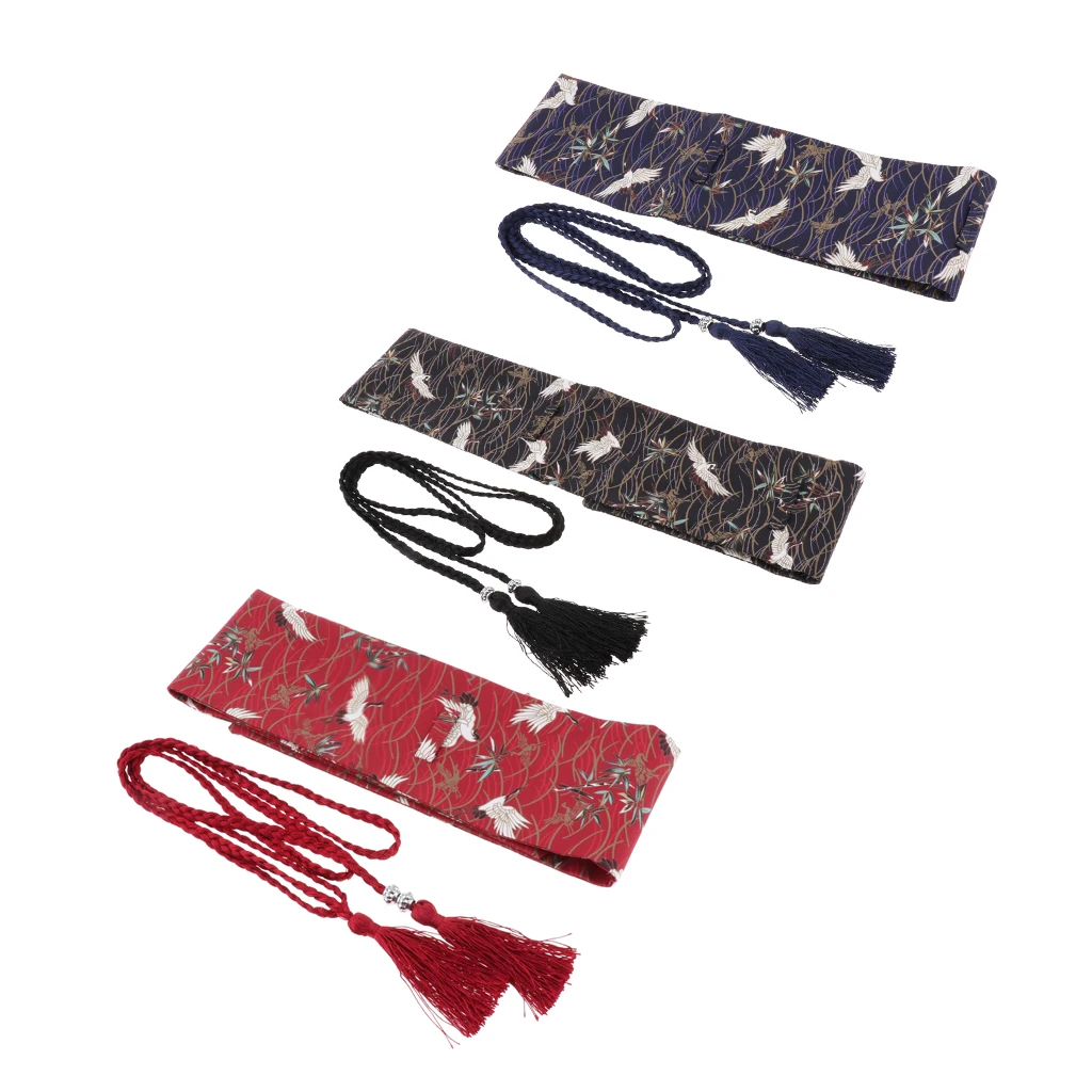 Vintage Obi Belt Crane Floral Printed Lace Up Wide Waist Belt for Ladies