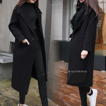 

Women Artificial Woolen Coat Female Long Coat Autumn Winter Woolen Coat Long Sleeve Solid Color H9
