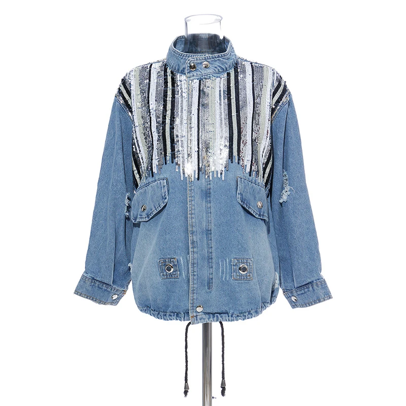

Patchwork Sequins Striped Denim Coat For Women Lapel Collar Long Sleeve Hit Color Ripped Hole Jacket Female Fashion 45