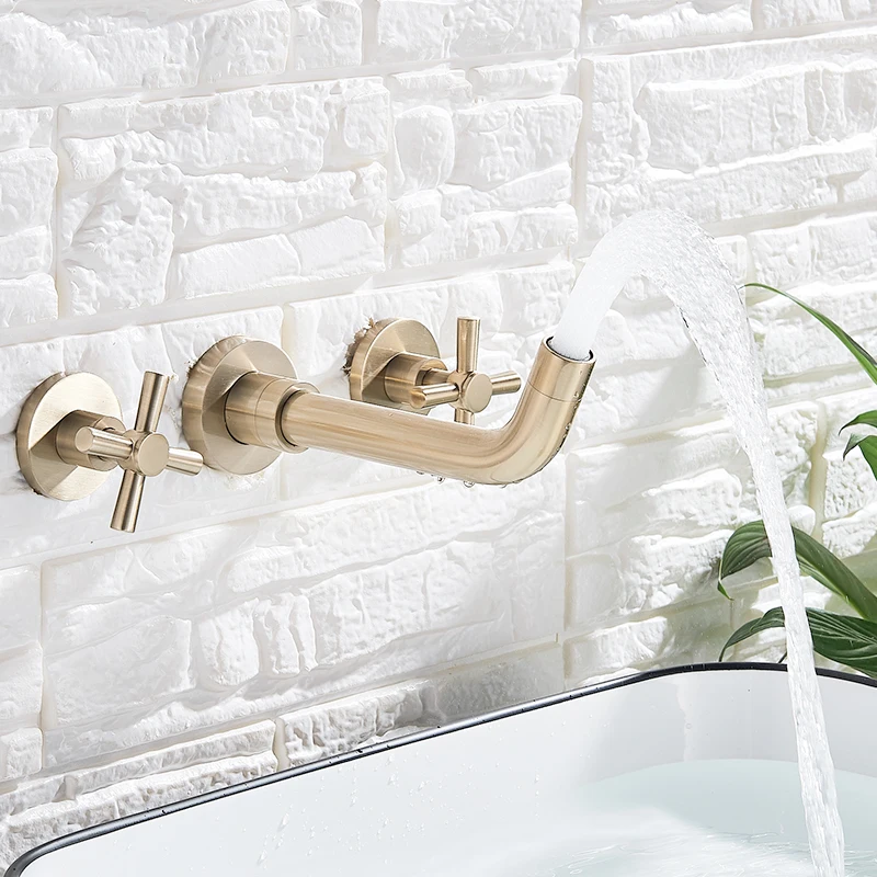 SHBSHAIMY Gold/Chrome Bathroom Basin Faucets Wall Mount Dual Handles Mixer Tap 360 Rotation Black Water Crane Tap Basin Mixer