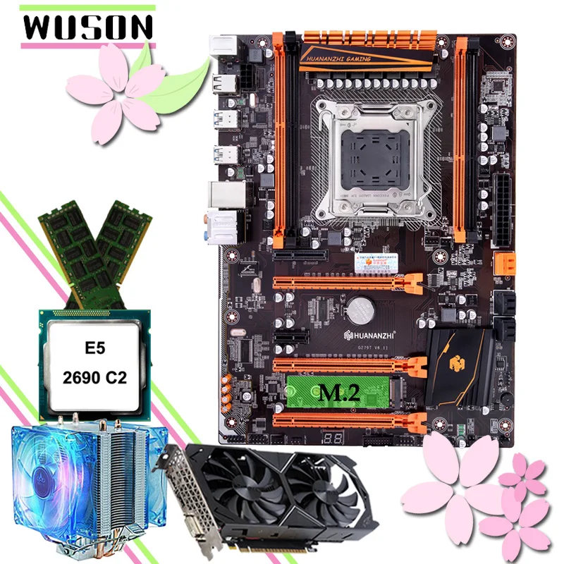 Best Price HUANANZHI deluxe X79 motherboard with M.2 NVMe slot CPU Xeon E5 2690 C2 with cooler RAM 16G(2*8G) RECC GTX1050Ti 4G video card