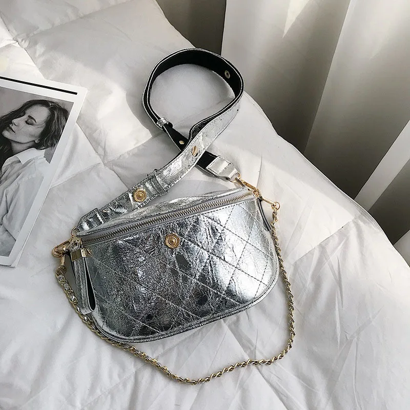 Silver waist bag Поясная Сумка для женщин из искусственной кожи, поясная сумка, Модный цветочный дизайн, нагрудные сумки, Повседневная Мини дорожная сумка с бананом, дамская сумочка для телефона - Цвет: Silver waist bag