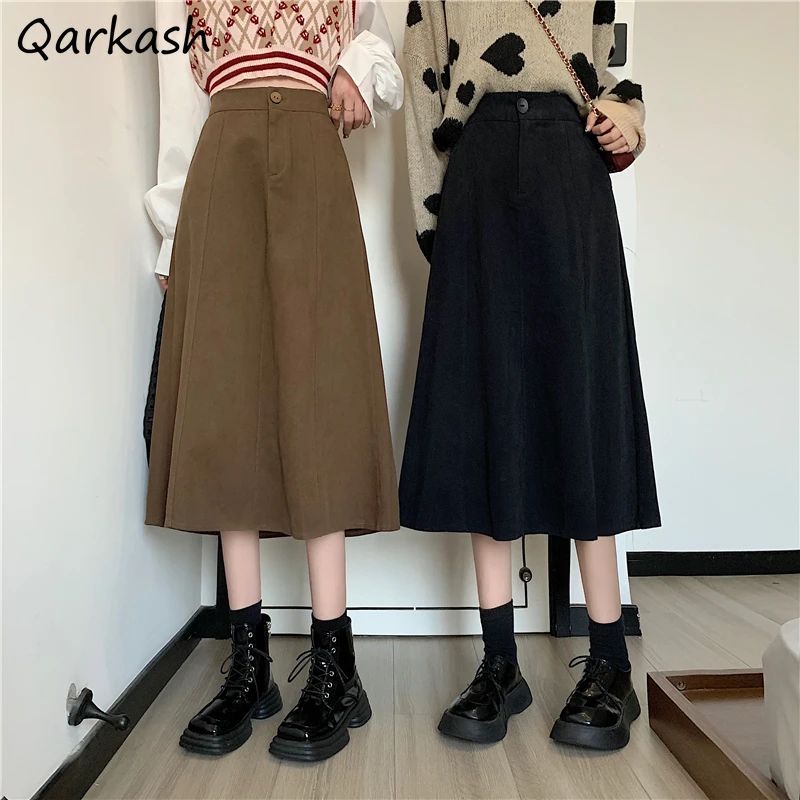 

A-line Skirts Women Spring All-match Elegant Solid Simple Mid-calf Empire Stylish Vintage Female Autumn Holiday Tender Popular
