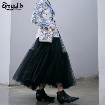 

2019 Fashion Tide New Spring Autumn skirt elegant High Waist Black mesh Ladyers Split Joint Temperament ball gown Skirts