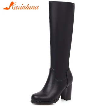 

KARINLUNA New Office Lady Fashion High Wide Heels Boots Women 2019 Low Platform Boots Elegant Black Knee High Shoes Woman