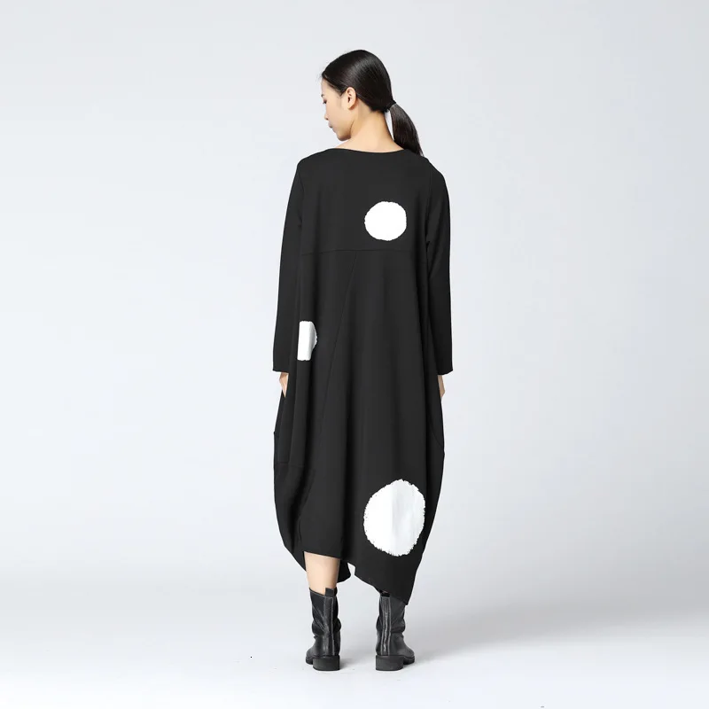 LANMREM New Spring Round Neck Long Sleeve Solid Color Big Dot Split Joint Loose Big Size Black Dress Women Fashion JA88501
