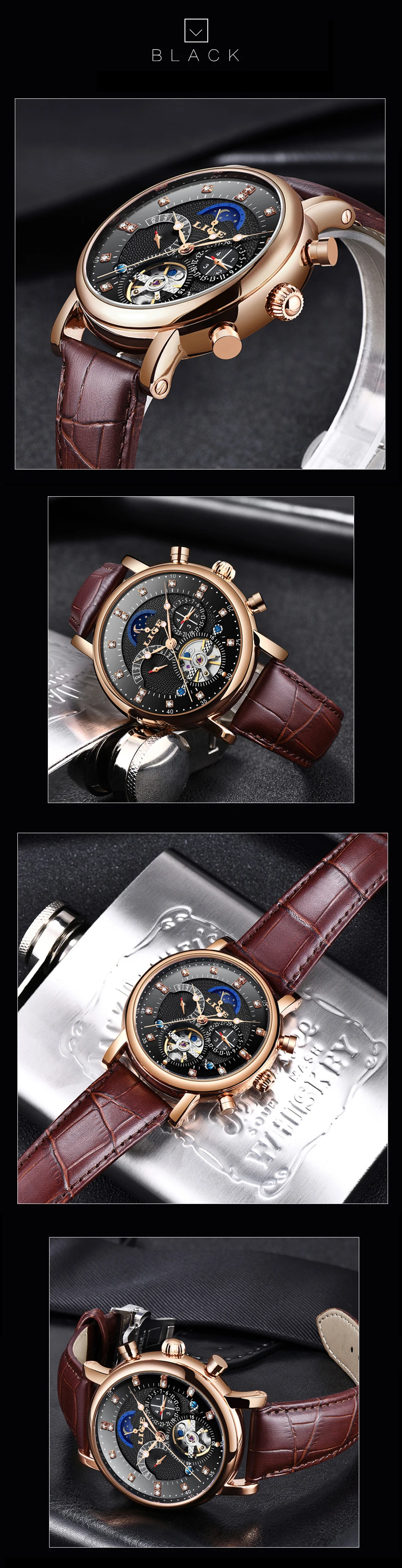 Бренд lige кожаный ремешок мужские механические часы Роскошные Tourbillon светящиеся водонепроницаемые автоматические часы Relogio Masculino