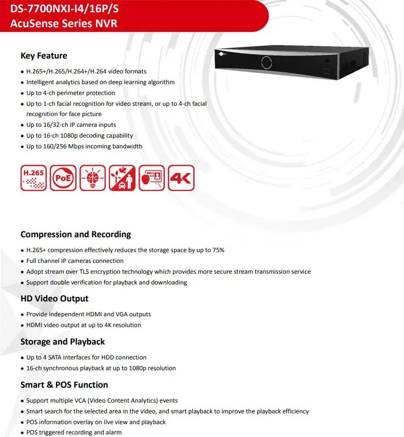 DS-7716NXI-I4/16 секунд оригинальный Сетевой Видео Регистраторы Acusense POE NVR 16ch