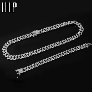 

Hip Hop Iced Out Paved Rhinestones 1Set 13MM Gold Full Miami Curb Cuban Chain CZ Bling Rapper Necklaces For Men Jewelry