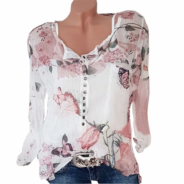 Blusa informal de Chifón con manga larga para verano, Camisa con cuello en V para mujer, con botones y estampado