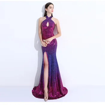 

Colorful Sequins Long Prom Dresses 2020 New Halter Neck Mermaid Prom Gowns Bling Party Gowns