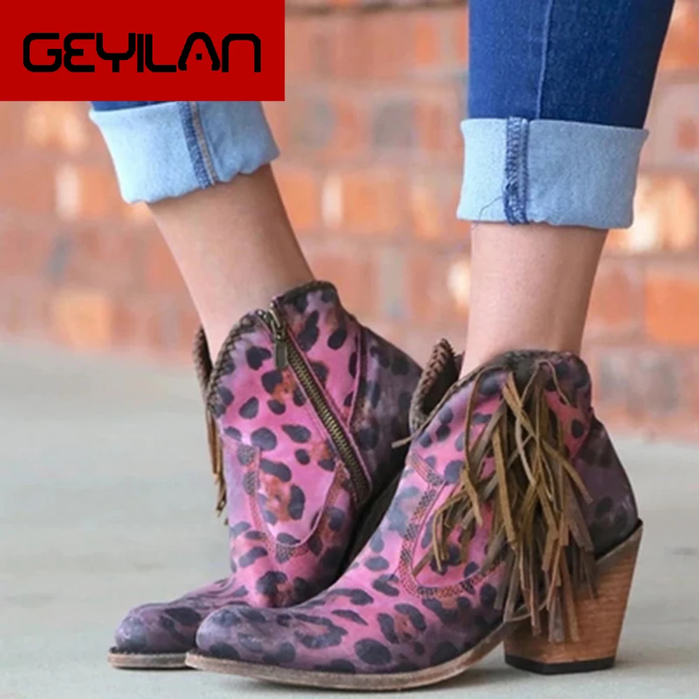 

MoneRffi Women Shoes 2019 fashion Leopard Print Sexy Pointed Toe Ankle Boots Slip on Deep V High Heel Ankle boots Lady Shoes