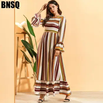 

Elegant Muslim Abaya Striped Maxi Dress Bohemian Ethnic Kimono Robe Gowns Middle East Eid Ramadan Islamic Vestidos Verano Mujer