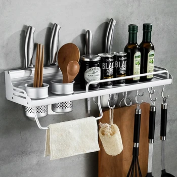 

Punch-free Kitchen Aluminum Shelves for Wall Knife Tableware Organizer with Hooks Seasoning Rack Towel Holders