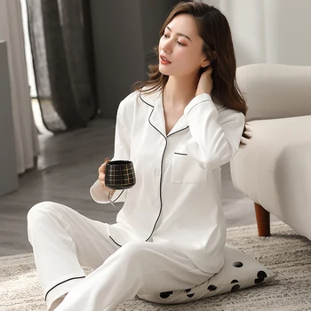 

Winter 100% Cotton Pajamas For Women White Sleepwear 2 Pcs Ladies Solid Pijamas Mujer Home Clothes PJ Pure Cotton Pyjamas Femme