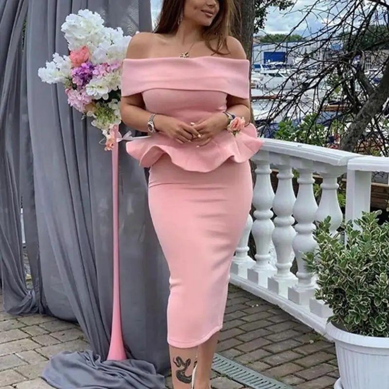 

Elegant Cocktail Dresses Sheath Boat Neck Off The Shoulder Tea Length Arabic Dubai Homecoming Dresses