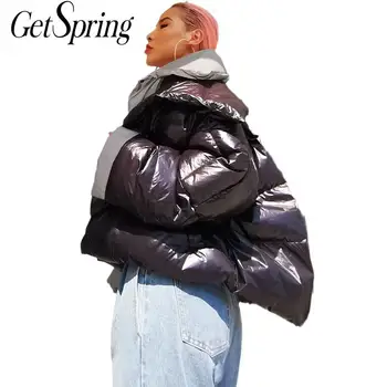 

GetSpring Women Down Coat Patchwork Lantern Sleeve Womens Down Jackets Fake Two White Duck Thickened Loose Short Bread Coat 2020