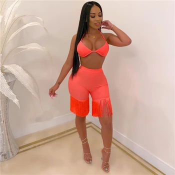 

Sexy Women Two 2 Piece Set Halter Low Cut Bandage Bra Crop Tops Hot Skinny Tassel Short Summer Beach Lady 2 Pcs Outfits Clubwear