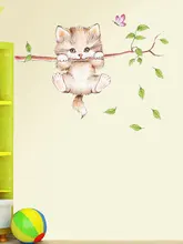  Lovely Cat hanging branches butterfly wall stickers for kids room Children Bedroom cute Animals Wall Decals Nursery Decor Mural 