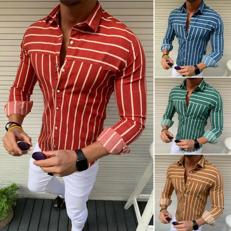 

Luxury Fashion Men's V-Neck Slim Fit Shirt Long Sleeve Stripe Shirts Casual Henley Blouse Breathable Soft Tops