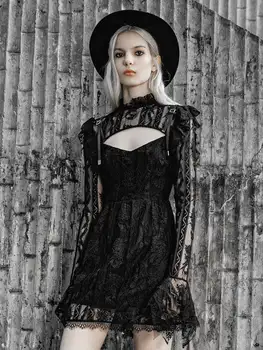 

Punk Rave Women's Gothic Stand Collar Sheer Lace Overlaid Dresses PQ-722LQ
