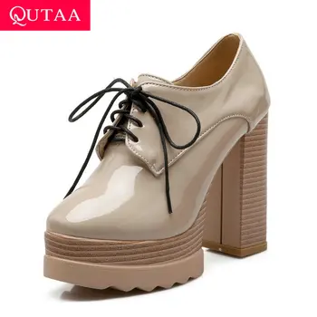 

QUTAA 2020 Fashion Square High Heel Single Shoes PU Leather Casual Round Toe Women Pumps Platform Lace Up Women Shoes Size 34-39