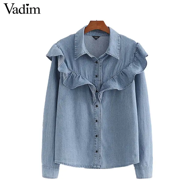 

Vadim women chic denim ruffles blouse turn down collar long sleeve shirt female stylish office wear solid tops blusas LB783