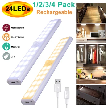 

LED Cabinet Light PIR Motion Sensor Lamp Rechargable 24 LEDs for Wardrobe Cupboard Closet Kitchen Lighting Led Night Lights D30
