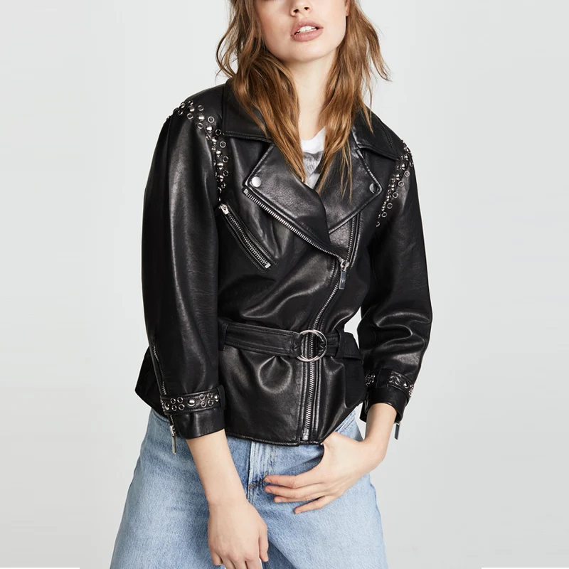 Streetwear Rivet 100% Genuine Leather Jacket Women Autumn Winter Clothes Real Sheepskin Coat Female Korean Coats 53032 | Женская одежда