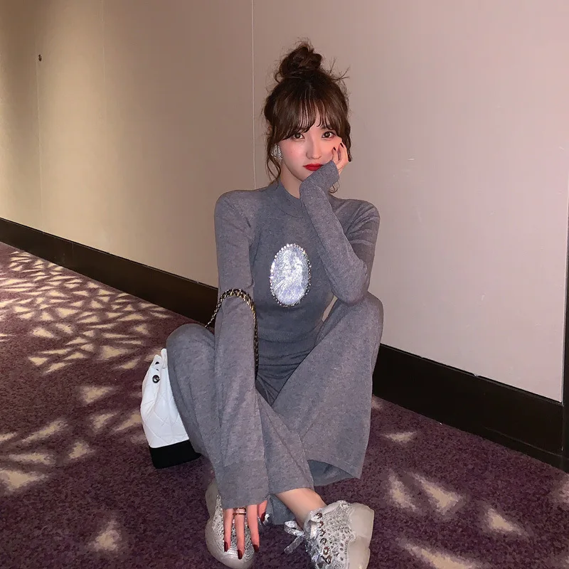

2020 Spring 2 Piece Set Casual Women Suit Grey Full Sleeve Pullover Sweater Short Top and Wide Leg Long Pants Work Two Piece Set