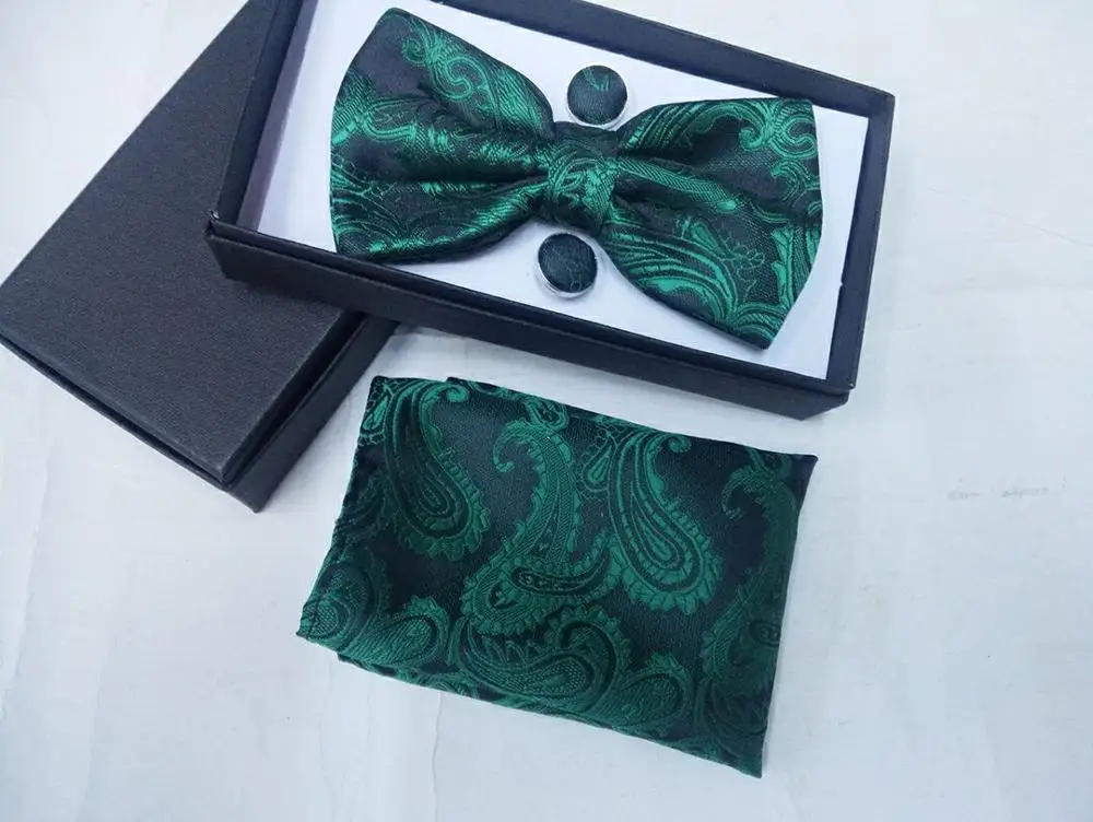 Мужской галстук-бабочка коробка набор свадебные подарки для гостей шелк золото жаккард розовый черный красная бабочка платок запонки - Цвет: Зеленый