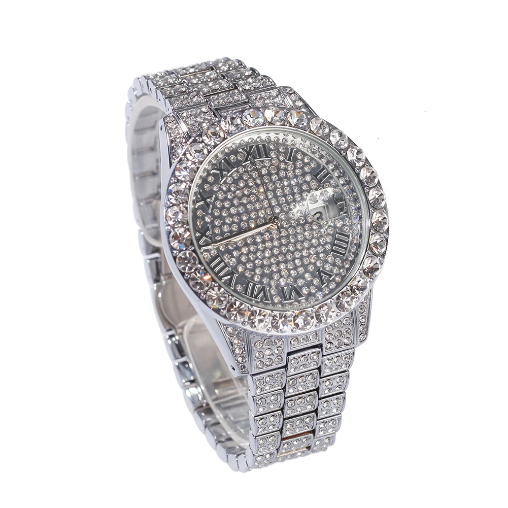 Uwin большой циферблат Полный Iced Out мужские часы нержавеющая сталь модные роскошные стразы кварцевые наручные часы бизнес часы