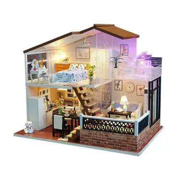 

DIY Dollhouse Kit Assembled Cabin with Furniture Miniature Cottage House with Music Movement for Christmas Birthday Gift