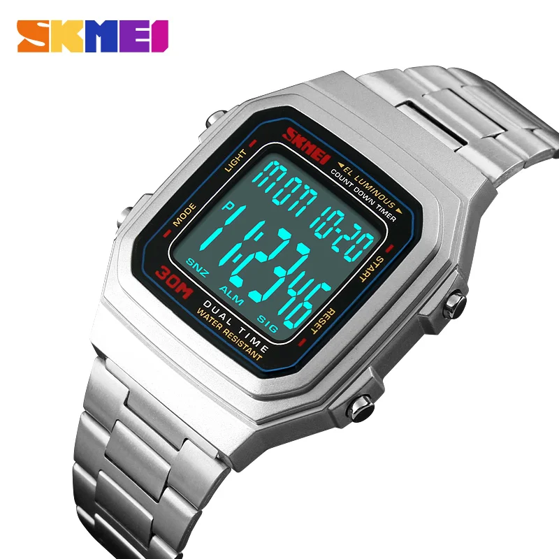 

SKMEI Men Fashion Outdoor Sports Digital Watch Countdown Alloy Strap Dual Time Luminous Timed Bell Watchs Saat Relogio Masculino