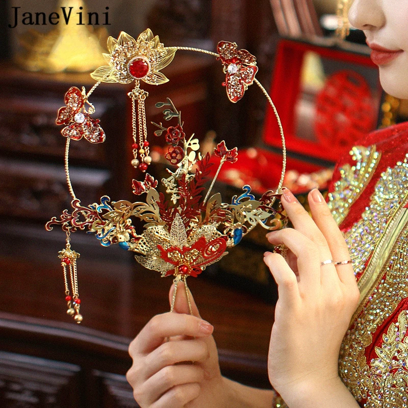 JaneVini Chinese Luxury Gold Bridal Fan Bouquets Type Handmade Beaded Wedding Flowers Metal Round Fan Bride Jewelry Accessories