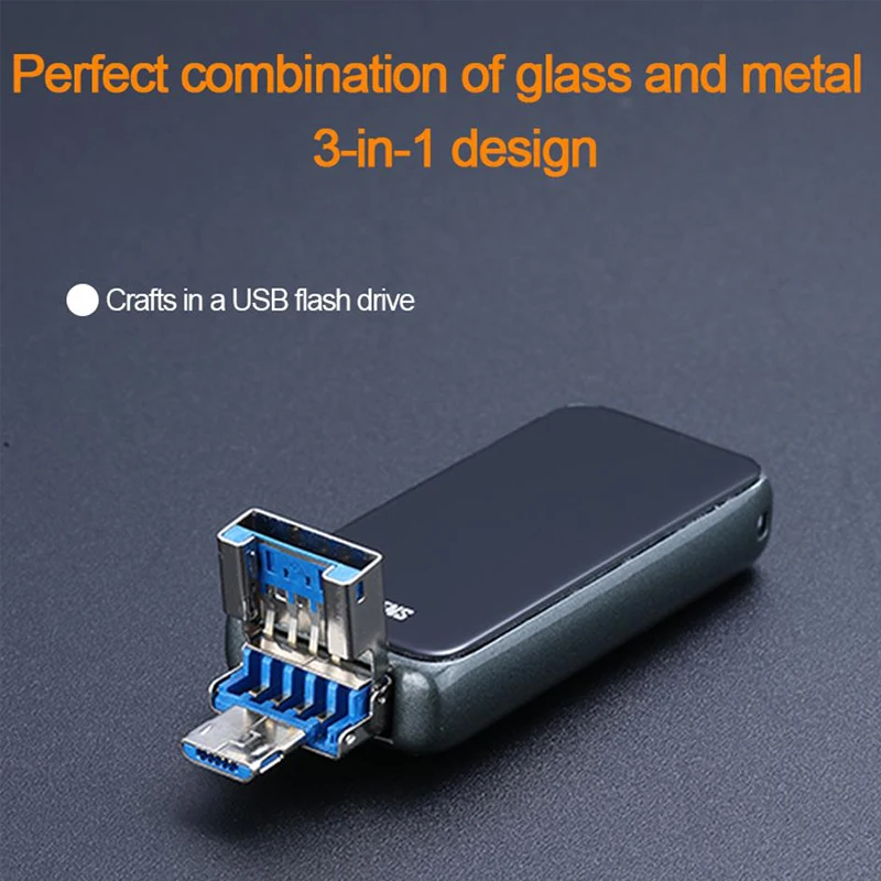 USB флеш накопитель 3 в 1 для iPhone X/iPad/Macbook 128 металлический и стеклянный