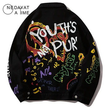 

Graffiti letter Print Jacket Sleeve Zipper Denim Jackets Men Streetwear Hip Hop Casual Punk Rock Jeans Jacket Coats Hipster Tops