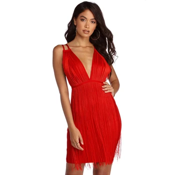 

LEGER BABE Autumn Women's Vestidos Sexy V Neck Bandage Dress White Black Red Black Spaghetti Strap Tassel Party Christmas Dress