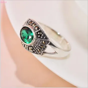 

S925 Sterling Silver retro court style pomegranate green crystal women's ring fashion atmosphere Silver Ring for men and women