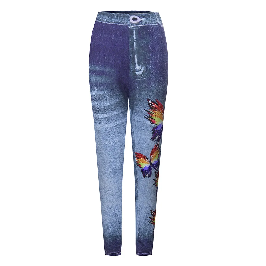 Женские облегающие джинсы с принтом бабочки размера плюс, длинные штаны, женские повседневные обтягивающие джинсовые брюки, Эластичные Обтягивающие штаны, сексуальные джинсы, Новинка - Цвет: Синий