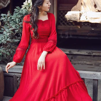 

2019 New Vintage Women Long dress Lantern Sleeve Square Collar National Wind Lace Dresses Red 6294