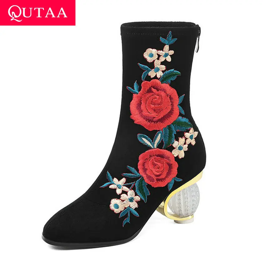 

QUTAA 2020 Embroidery Flowers Flock Autumn Winter Women Shoes Strange High Heel Square Toe Zipper Mid Calf Boots Big Size 34-43
