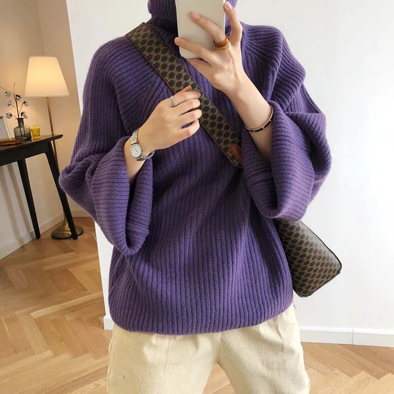 CamKemsey Winter Women Harajuku Knitted Sweaters Autumn Lazy Loose Thicken Turtleneck Sweaters And Pullovers - Цвет: Purple