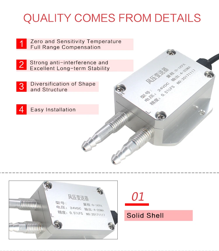 Description Picture 3 of itemDifferential Pressure Transmitters Air Wind Pressure 4-20mA RS485 Output 0-1Kpa Small Differential Pressure Transducer