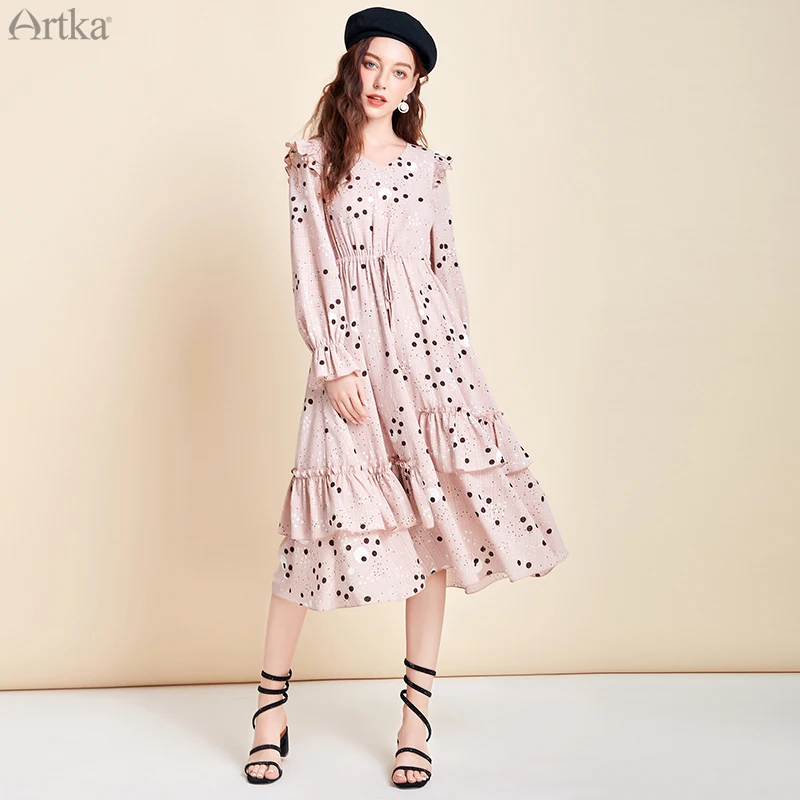 Женское шифоновое платье в горошек ARTKA длинное асимметричное с оборками и