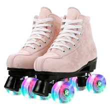 Roller Shoes Flash Pu Wheel Patines Artificial Fibre Roller Skates Lace-Up Sneaker Double Row Adult  Patins Pink Black 37-45
