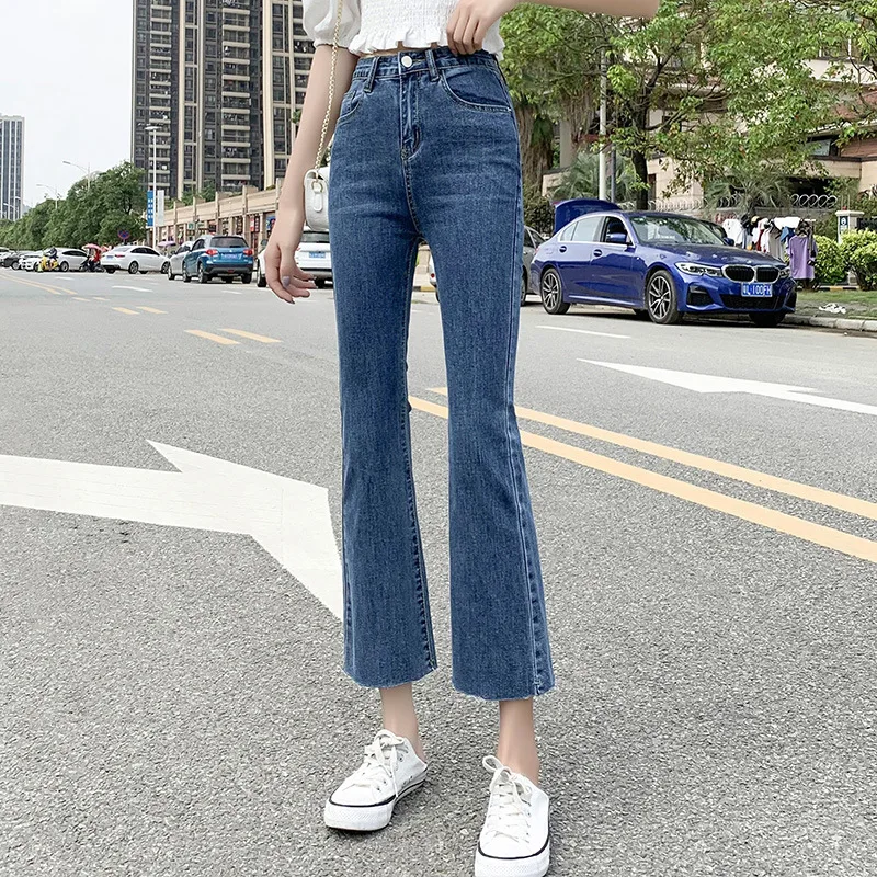 

Autumn high waisted elastic micro trumpet raw hem cropped jeans women's Korean slim smoke grey trend flared pants