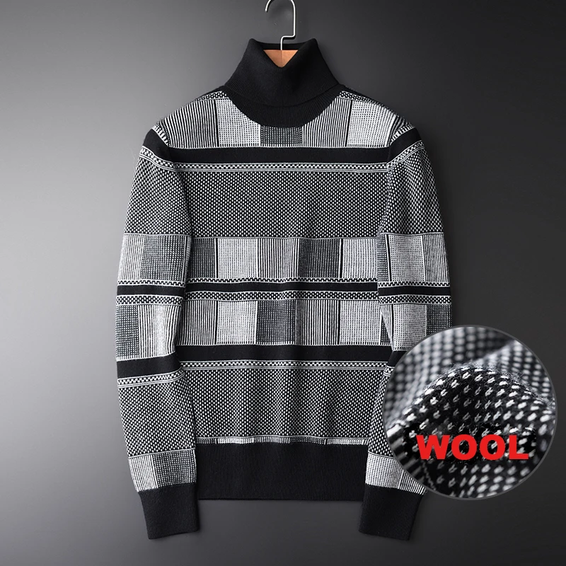 Men Turtleneck Sweater Luxury Wool Blending Striped Mens Sweaters Plus Size 4xl Hight Quality Slim Fit Sweater Man Winter